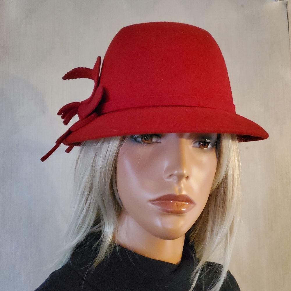 San Diego Hat Co Red Wool Cloche Hat Felted Flower Church Everyday Hat